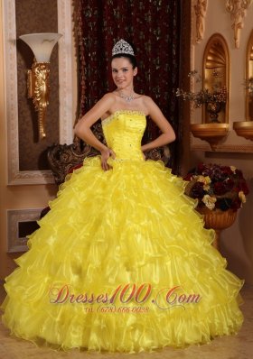 Yellow Organza Beading Ruffled Dress for Quinceanera