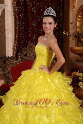 Yellow Organza Beading Ruffled Dress for Quinceanera