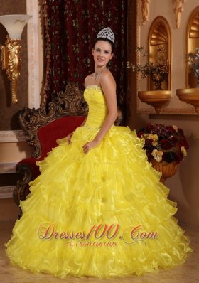 Yellow Organza Beading Ruffled Dress for Quinceanera