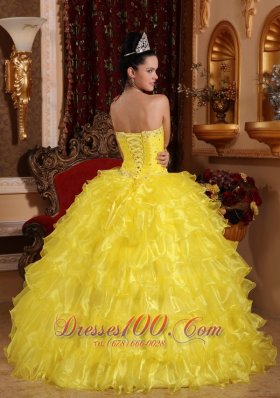 Yellow Organza Beading Ruffled Dress for Quinceanera