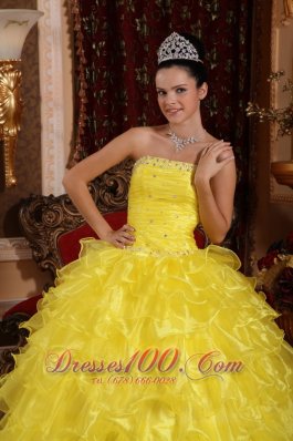 Yellow Organza Beading Ruffled Dress for Quinceanera