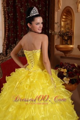 Yellow Organza Beading Ruffled Dress for Quinceanera