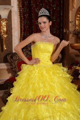 Yellow Organza Beading Ruffled Dress for Quinceanera