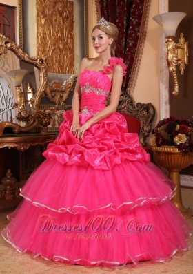 One Shoulder Hot Pink Quinceanera Dress Beading and Pick-ups