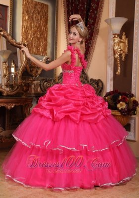 One Shoulder Hot Pink Quinceanera Dress Beading and Pick-ups