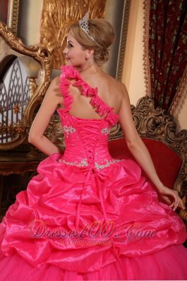 One Shoulder Hot Pink Quinceanera Dress Beading and Pick-ups