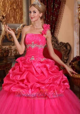 One Shoulder Hot Pink Quinceanera Dress Beading and Pick-ups