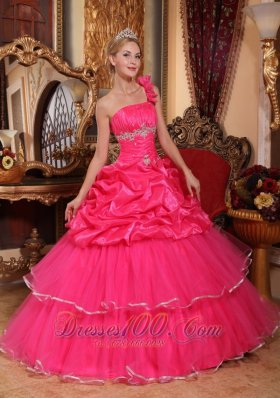 One Shoulder Hot Pink Quinceanera Dress Beading and Pick-ups