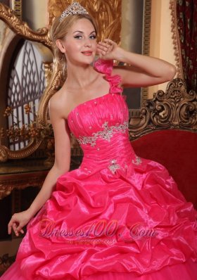 One Shoulder Hot Pink Quinceanera Dress Beading and Pick-ups