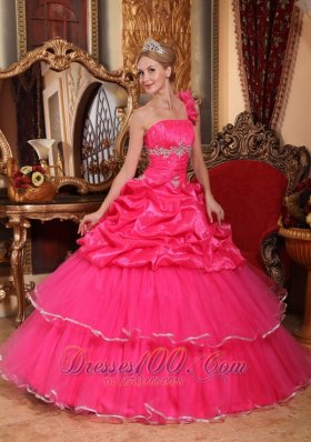 One Shoulder Hot Pink Quinceanera Dress Beading and Pick-ups