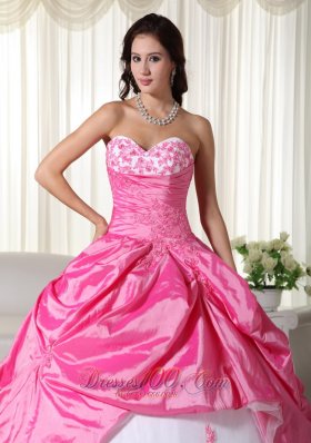 Appliques Pink and White Ball Gown Taffeta Quinceanera Dress