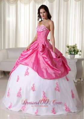 Appliques Pink and White Ball Gown Taffeta Quinceanera Dress