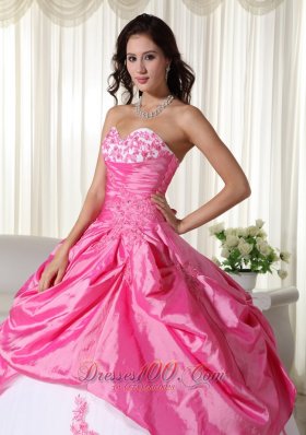 Appliques Pink and White Ball Gown Taffeta Quinceanera Dress