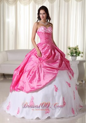 Appliques Pink and White Ball Gown Taffeta Quinceanera Dress