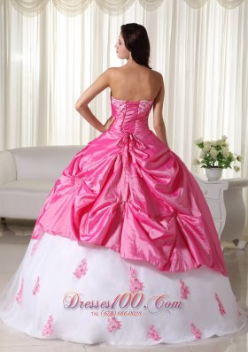 Appliques Pink and White Ball Gown Taffeta Quinceanera Dress