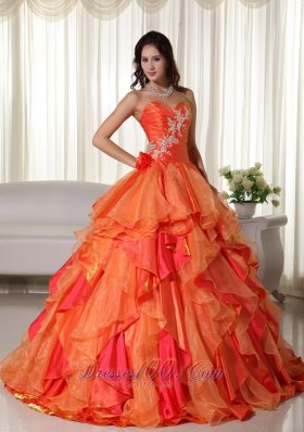 Orange Organza Appliques and Ruffles Quinceanera Dress