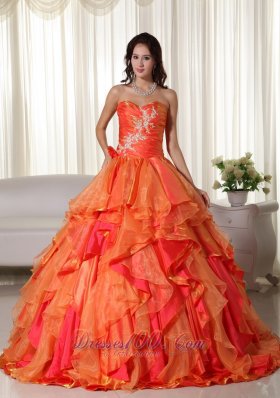 Orange Organza Appliques and Ruffles Quinceanera Dress