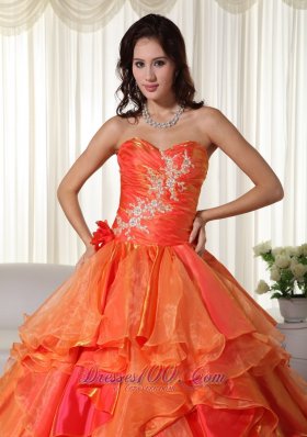 Orange Organza Appliques and Ruffles Quinceanera Dress