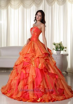 Orange Organza Appliques and Ruffles Quinceanera Dress