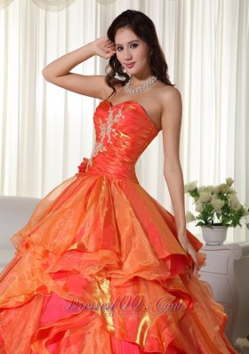 Orange Organza Appliques and Ruffles Quinceanera Dress