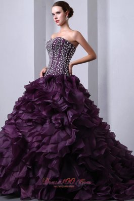 Organza Dark Purple Princess Beading and Ruffles Quinceanea Dress