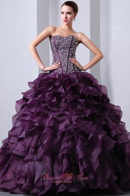 Organza Dark Purple Princess Beading and Ruffles Quinceanea Dress