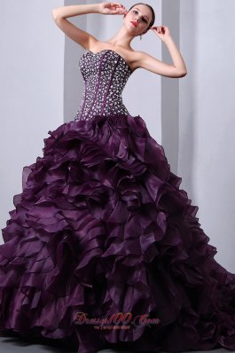 Organza Dark Purple Princess Beading and Ruffles Quinceanea Dress