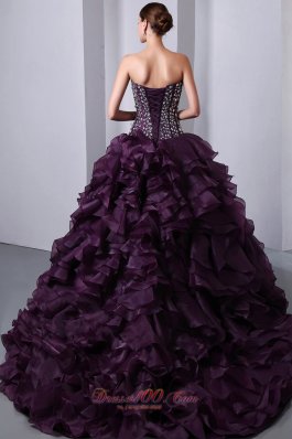 Organza Dark Purple Princess Beading and Ruffles Quinceanea Dress