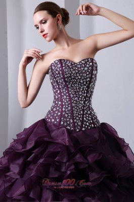 Organza Dark Purple Princess Beading and Ruffles Quinceanea Dress