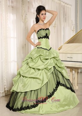 Taffeta Yellow Green Pick-ups Appliques Quinceanera Dress