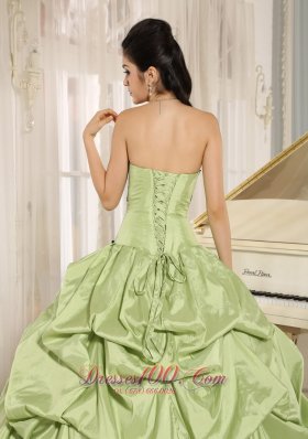 Taffeta Yellow Green Pick-ups Appliques Quinceanera Dress