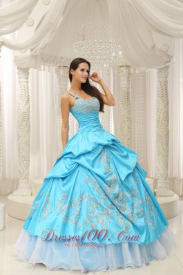 Aqua Organza One Shoulder Embroidery Quinceanera Dress