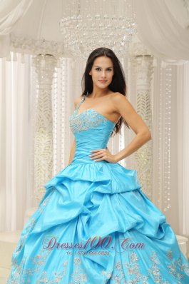 Aqua Organza One Shoulder Embroidery Quinceanera Dress