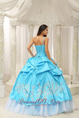 Aqua Organza One Shoulder Embroidery Quinceanera Dress