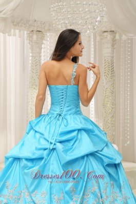 Aqua Organza One Shoulder Embroidery Quinceanera Dress