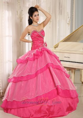 Beaded and Ruch Hot Pink Ruffled Layers Quinceanera Dress