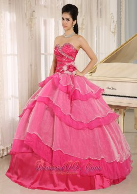 Beaded and Ruch Hot Pink Ruffled Layers Quinceanera Dress