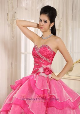 Beaded and Ruch Hot Pink Ruffled Layers Quinceanera Dress