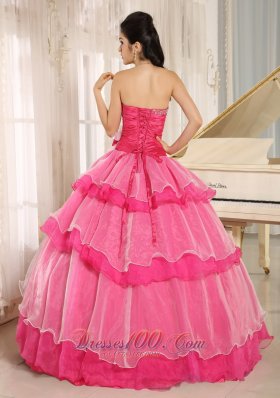 Beaded and Ruch Hot Pink Ruffled Layers Quinceanera Dress