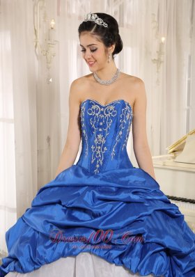 Blue and White Quinceanera Dress With Embroidery and Pick-ups