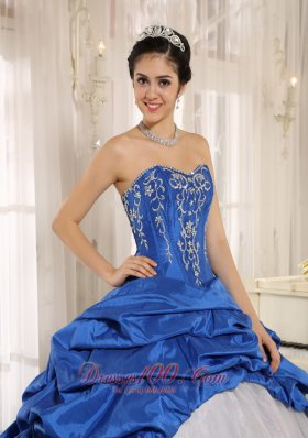 Blue and White Quinceanera Dress With Embroidery and Pick-ups