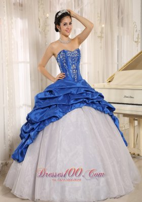 Blue and White Quinceanera Dress With Embroidery and Pick-ups