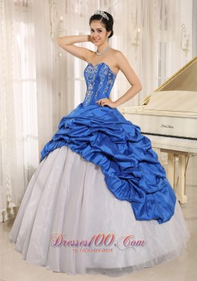 Blue and White Quinceanera Dress With Embroidery and Pick-ups