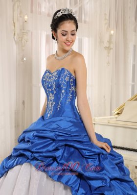 Blue and White Quinceanera Dress With Embroidery and Pick-ups