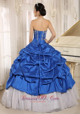 Blue and White Quinceanera Dress With Embroidery and Pick-ups