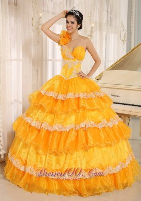 Flowers One Shoulder Appliques and Ruffled Layers Quinceanera Dress