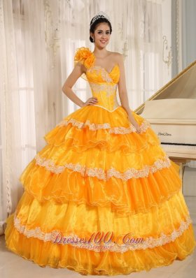 Flowers One Shoulder Appliques and Ruffled Layers Quinceanera Dress