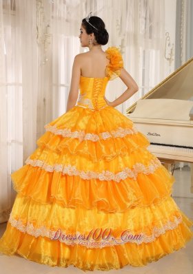 Flowers One Shoulder Appliques and Ruffled Layers Quinceanera Dress