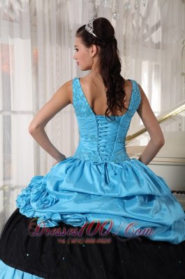 V-neck Light Blue and Black Quinceanera Dress Taffeta Beading