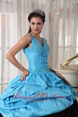 V-neck Light Blue and Black Quinceanera Dress Taffeta Beading